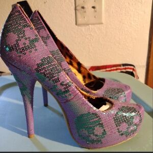 High heel sequins shoes with skulls